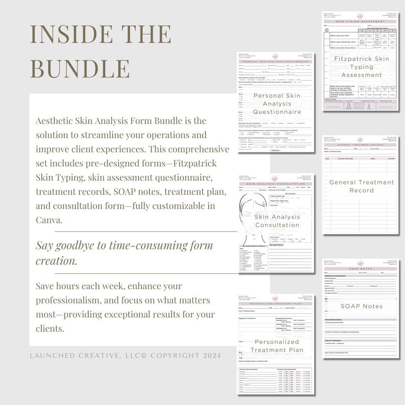 Aesthetic skin analysis and treatment form bundle for MedSpa professionals. Includes customizable consultation templates, Fitzpatrick skin type analysis, and treatment notes. Fully editable in Canva for estheticians and cosmetic nurses.