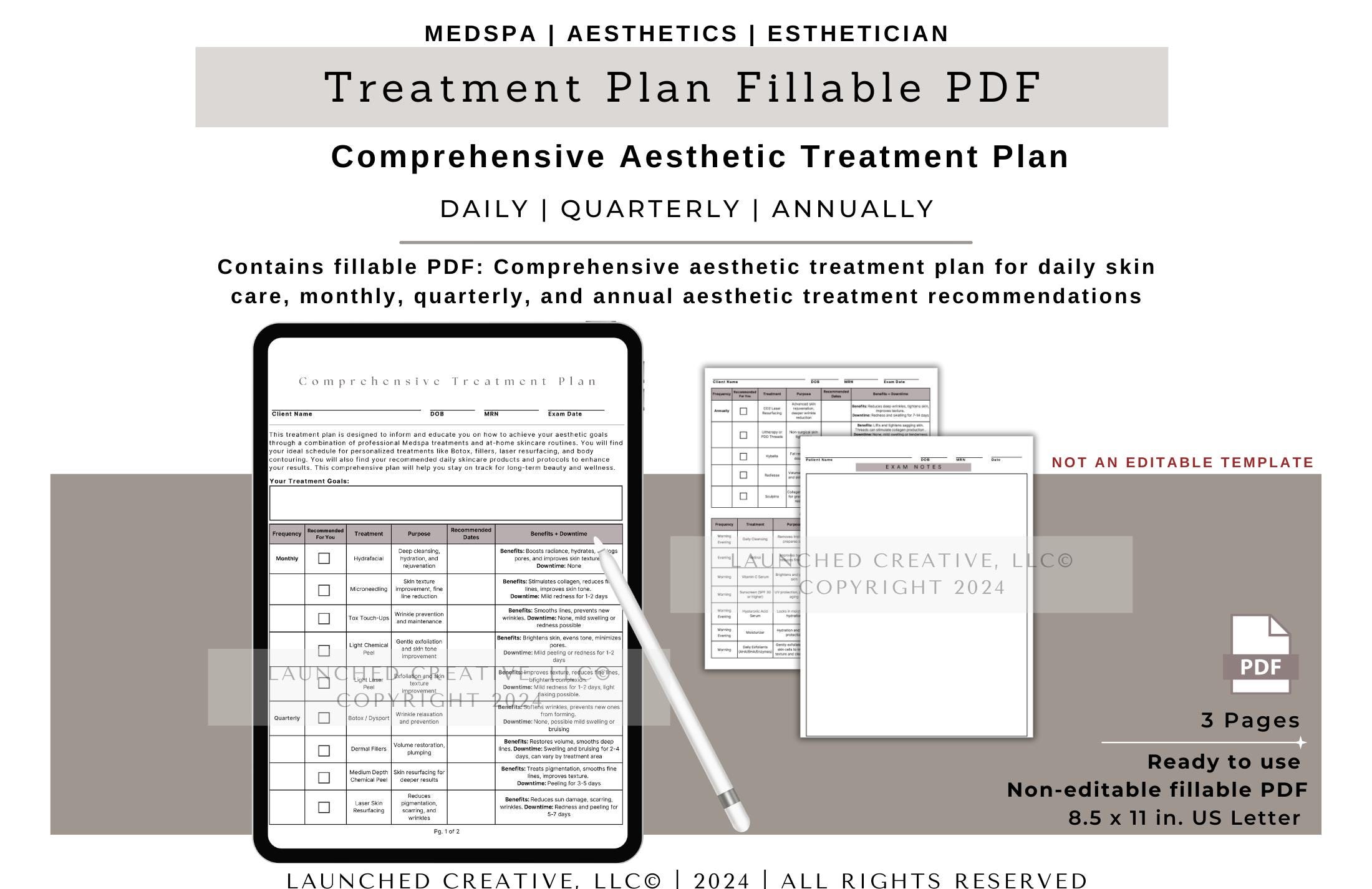 Aesthetic Treatment Plan Fillable PDF | Daily Monthly Annual Client Treatment Tracker | MedSpa Skincare & Treatment Schedule | PDF