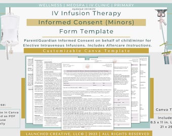 IV Infusion Therapy Minor Consent Form Template | IV Fluid Therapy Consent Form | IV Hydration iv fluids consent |intravenous therapy |canva