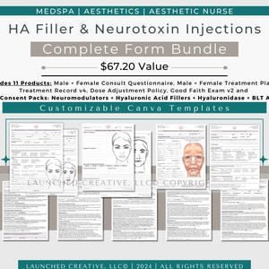 May include: A bundle of customizable Canva templates for HA Filler & Neurotoxin Injections. The bundle includes 11 products, such as questionnaires, treatment records, and consent forms. The templates are available in two sizes: 8.5 x 11 in. US Letter and 21 x 29.7 cm A4.