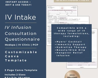 IV Infusion Intake Consult Questionnaire Form Template | IV Fluid Therapy Consult | IV Hydration | iv fluids | intravenous therapy | Canva
