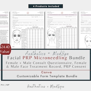 PRP Microneedling Form Bundle | Microneedle Consult | Microneedle Treatment Record | prp Microneedle Consent Aftercare | Face Canva Template
