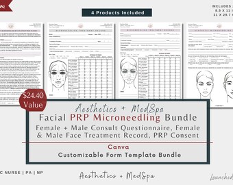 PRP Microneedling Form Bundle | Microneedle Consult | Microneedle Treatment Record | prp Microneedle Consent Aftercare | Face Canva Template