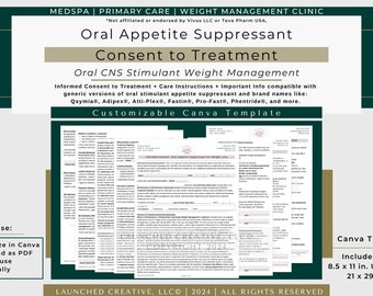 Oral Stimulant Appetite Suppressant Weight Loss Consent Form Template | Fen Topiramate Adipex Qysmia Consent Form | Weight Management |Canva
