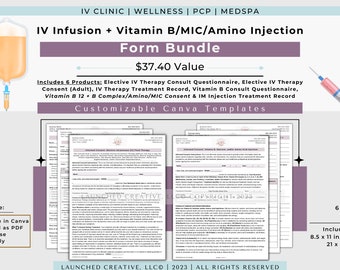 IV Therapy B Complex Form Template Bundle | IV fluids B mic Consult | IV fluids B Consent Form | iv B nutrient consent intake record| canva