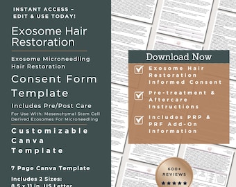 Exosome Hair Restoration Consent | Exosome Hair Scalp Microneedling PRP PRF Consent Form | Exosome Hair Consent Aftercare Template | Canva