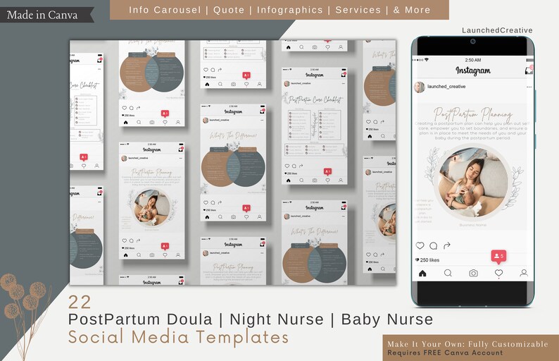 postpartum doula birth coach night nurse social media marketing post templates for instagram and facebook

Customizable in Canva
