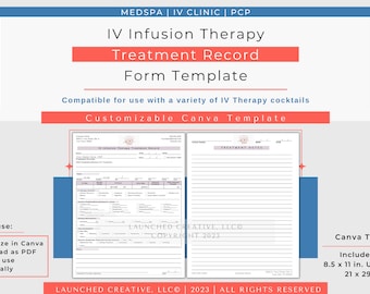 IV Infusion Therapy Treatment Record Form Template | IV Therapy Record Form | Mobile IV Clinic | intravenous vitamin treatment form | Canva