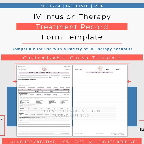 IV Infusion Therapy Treatment Record Form Template | IV Therapy Record Form | Mobile IV Clinic | intravenous vitamin treatment form | Canva