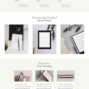 May include: A website homepage for a freelance graphic designer and lifestyle coach. The website features a clean, minimal design with a white background and black text. The homepage includes a call to action to learn more about the designer's services, a section showcasing recent work, and a blog section featuring recent posts.