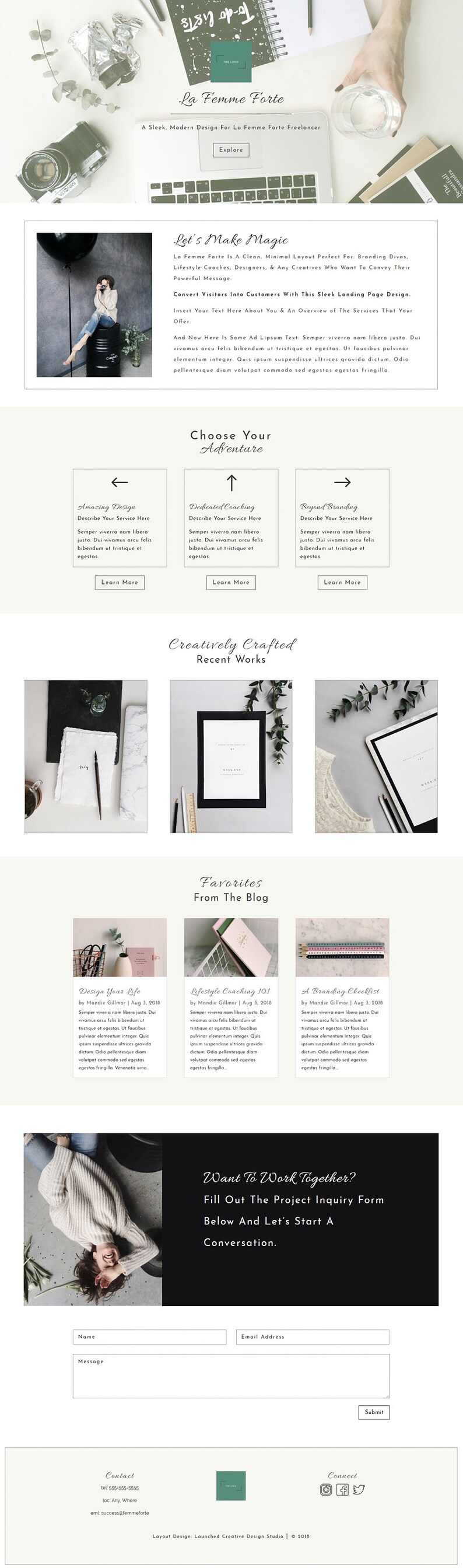May include: A website homepage for a freelance graphic designer and lifestyle coach. The website features a clean, minimal design with a white background and black text. The homepage includes a call to action to learn more about the designer's services, a section showcasing recent work, and a blog section featuring recent posts.