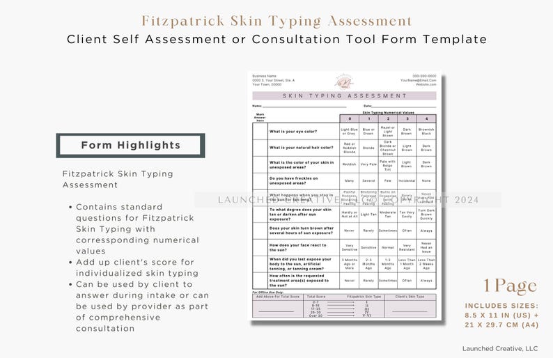 Aesthetic skin analysis and treatment form bundle for MedSpa professionals. Includes customizable consultation templates, Fitzpatrick skin type analysis, and treatment notes. Fully editable in Canva for estheticians and cosmetic nurses.