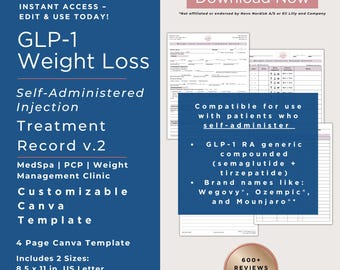 Weight Loss Injection Treatment Record Form Template v2 | Semaglutide Tirzepatide Charting |GLP-1 RA Weight Loss Injection Chart Form |Canva