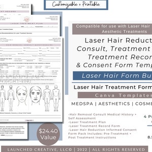 Laser Hair Reduction Form Bundle | Laser Consent | Laser Hair Consult Laser Treatment Record | Laser Aftercare Aesthetic MedSpa Form| Canva