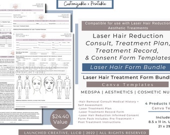 Laser Hair Reduction Form Bundle | Laser Consent | Laser Hair Consult Laser Treatment Record | Laser Aftercare Aesthetic MedSpa Form| Canva