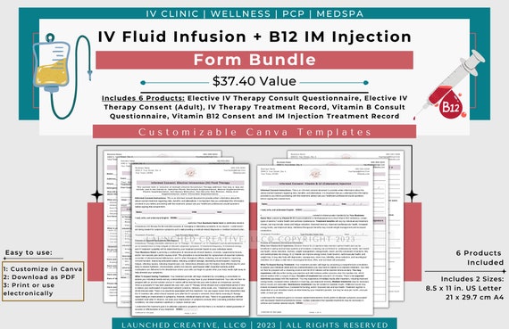 IV Therapy B12 Form Template Bundle | IV Fluids B12 Consult | IV Fluids B12  Consent Form | Iv B12 Injection Questionnaire Consent | Canva