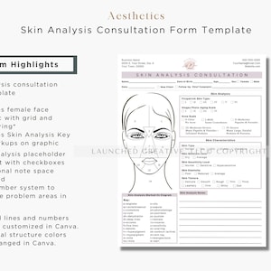 Aesthetic skin analysis and treatment form bundle for MedSpa professionals. Includes customizable consultation templates, Fitzpatrick skin type analysis, and treatment notes. Fully editable in Canva for estheticians and cosmetic nurses.