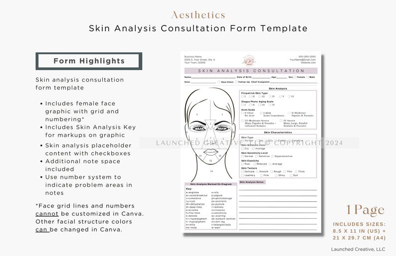 Aesthetic skin analysis and treatment form bundle for MedSpa professionals. Includes customizable consultation templates, Fitzpatrick skin type analysis, and treatment notes. Fully editable in Canva for estheticians and cosmetic nurses.