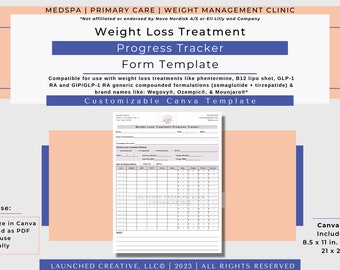 Weight Loss Treatment Progress Tracker Template | Semaglutide Tirzepatide B12 Progress Form | Weight Clinic Tracking Form | Canva