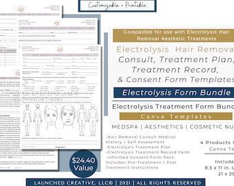 Electrolysis Hair Removal Form Bundle | Electrolysis Consent | Electrolysis Consult | Electrolysis Hair Treatment Record | MedSpa Form|Canva