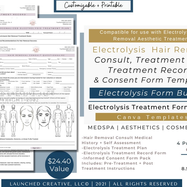 Electrolysis Hair Removal Form Bundle | Electrolysis Consent | Electrolysis Consult | Electrolysis Hair Treatment Record | MedSpa Form|Canva