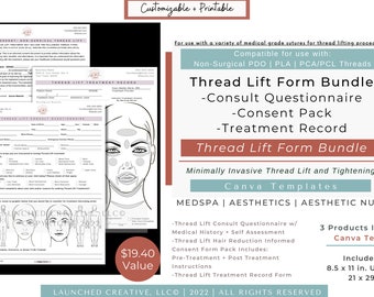 Thread Lift Form Bundle | ThreadLift Consent | PDO Thread Consult | Thread Lift Treatment Record | Aftercare Aesthetic MedSpa Form| Canva