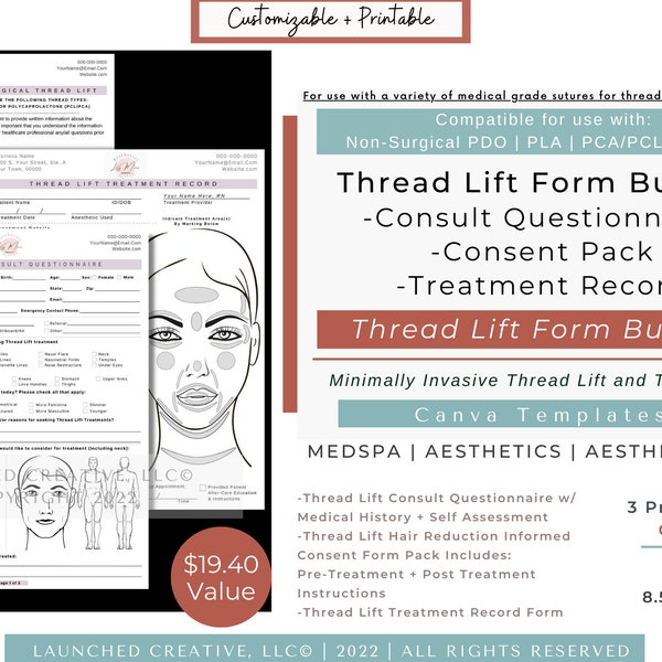 Thread Lift Form Bundle | ThreadLift Consent | PDO Thread Consult | Thread Lift Treatment Record | Aftercare Aesthetic MedSpa Form| Canva