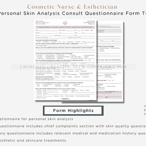 Aesthetic skin analysis and treatment form bundle for MedSpa professionals. Includes customizable consultation templates, Fitzpatrick skin type analysis, and treatment notes. Fully editable in Canva for estheticians and cosmetic nurses.