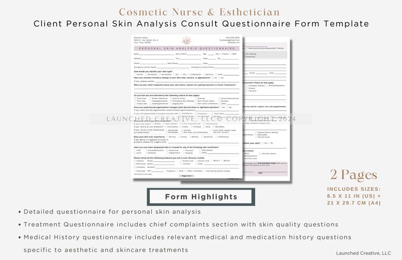 Aesthetic skin analysis and treatment form bundle for MedSpa professionals. Includes customizable consultation templates, Fitzpatrick skin type analysis, and treatment notes. Fully editable in Canva for estheticians and cosmetic nurses.