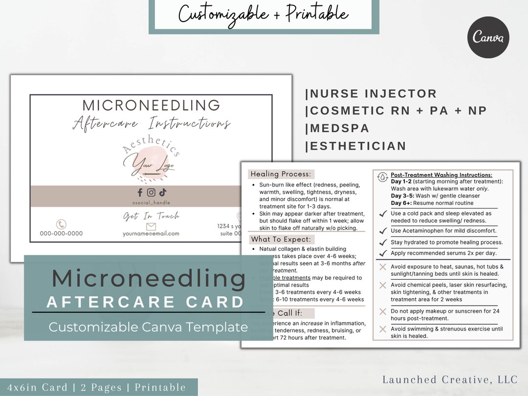Microneedling Aftercare Card Printable Microneedle PRP Aftercare