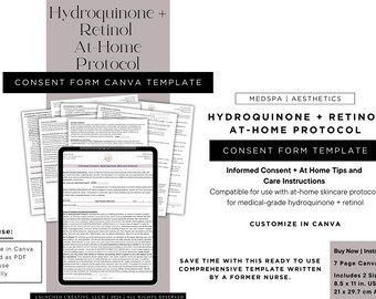 Hydroquinone Retinol At Home Protocol Informed Consent Template | Medical Grade Skincare | Hydroquinone Consent | Retinol Consent | Canva
