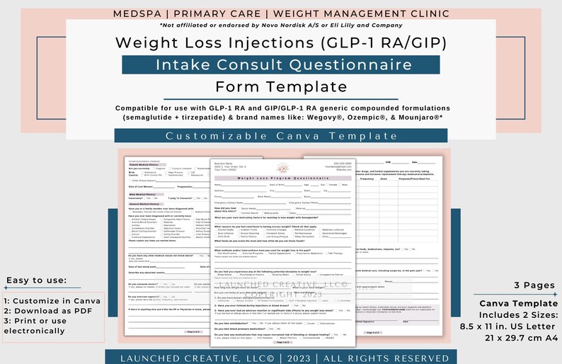 Weight Loss Injection Intake Questionnaire Form Template Semaglutide