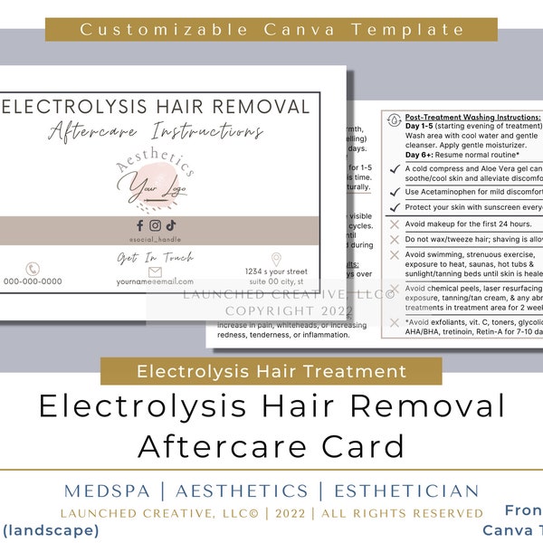 Electrolysis Hair Removal Aftercare Card | Electrolysis Aftercare Template | Electrolysis Hair Care Card | Esthetician Nurse Medspa Canva