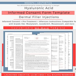 Dermal Filler Consent Form | Hyaluronic Acid Filler Informed Consent Template | Lip Filler Consent | Aesthetic Nurse MedSpa | MS Word