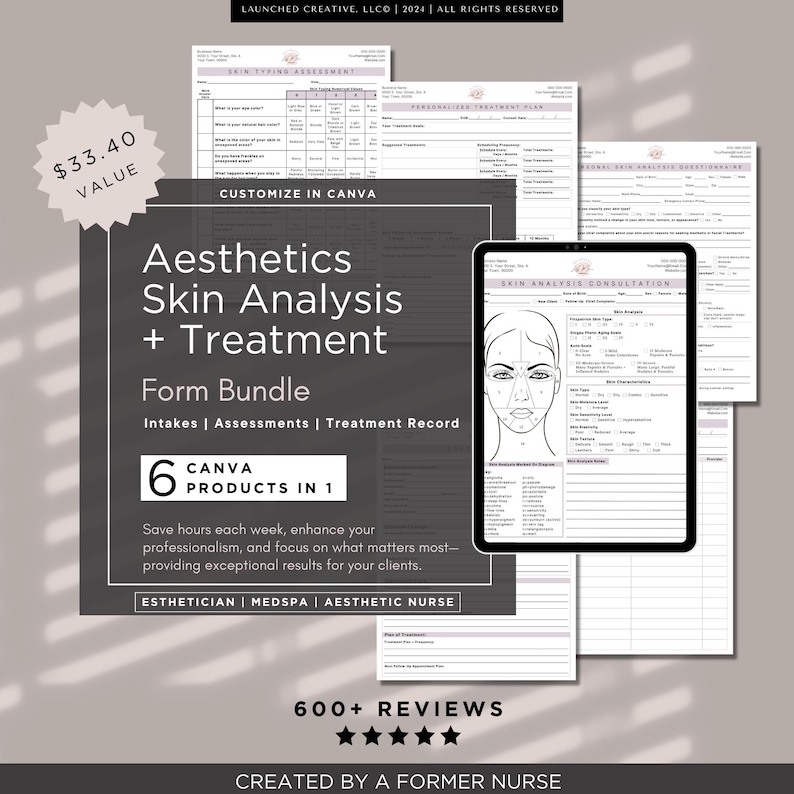Aesthetic skin analysis and treatment form bundle for MedSpa professionals. Includes customizable consultation templates, Fitzpatrick skin type analysis, and treatment notes. Fully editable in Canva for estheticians and cosmetic nurses.