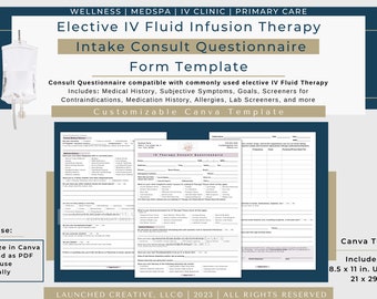 IV Infusion Intake Consult Questionnaire Form Template | IV Fluid Therapy Consult | IV Hydration | iv fluids | intravenous therapy | Canva