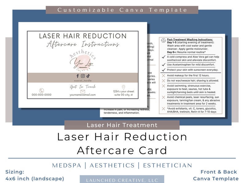 Laser Hair Removal Aftercare Card Laser Treatment Aftercare Template Laser Hair Reduction Care Card Esthetician Nurse Medspa Canva image 1