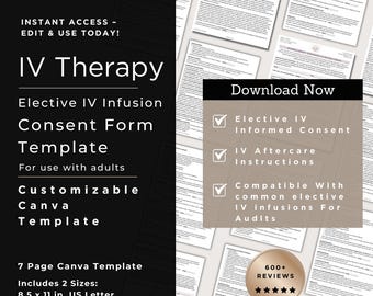 IV Infusion Therapy Consent Form Template | IV Fluid Therapy Consent Form | IV Hydration | iv fluids consent | intravenous therapy | canva