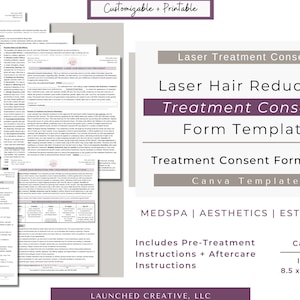 Laser Hair Reduction Consent Form |  Laser Hair Removal Consent Esthetician MedSpa Cosmetic Nurse | Laser Aftercare | Laser Consent Canva