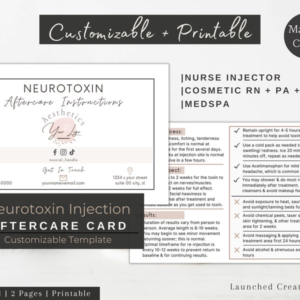 Botox Neurotoxin Aftercare Card | Printable Post Botox Care Instructions Template | Customizable Botox Dysport Aftercare | MedSpa Neurotoxin