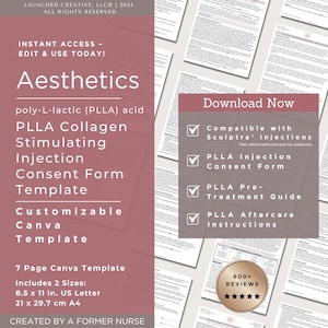 PLLA Sculptra Collagen Stimulating Injections Informed Consent Form Template | Aesthetic Nurse Consent Form Aftercare | Medspa Form Canva