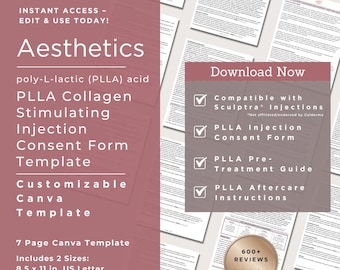 Sculptra Consent Form Template: Medspa PLLA Injection Aftercare (Canva Editable, US Letter/A4 Size)