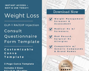 Weight Loss Injection Intake Questionnaire Form Template | Semaglutide Tirzepatide Consult Form | GLP-1 RA GIP Weight Loss Injection | Canva