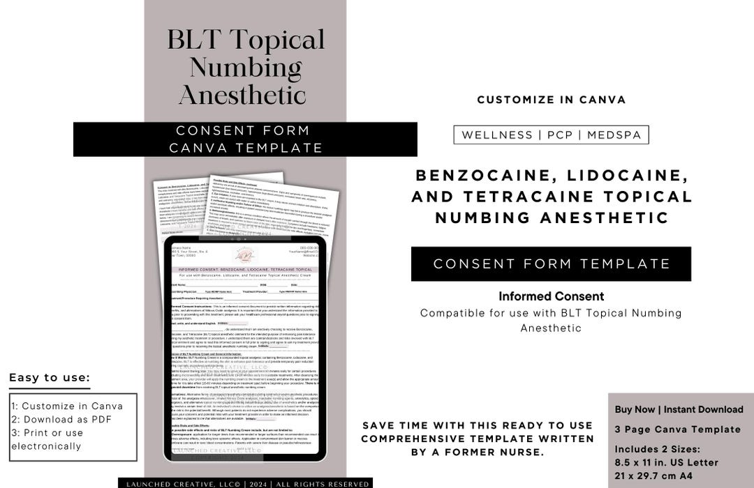 BLT Cream Consent Form Template: Anesthetic Numbing (canva) - Etsy