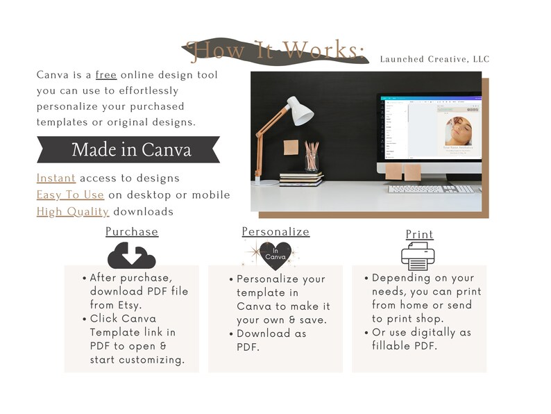 K&ouml;nnte beinhalten: So funktioniert's: Canva ist ein kostenloses Online-Design-Tool, mit dem du deine gekauften Vorlagen oder Originaldesigns m&uuml;helos personalisieren kannst. Erstellt mit Canva. Sofortiger Zugriff auf Designs. Einfach zu bedienen auf Desktop oder Mobilger&auml;t. Downloads in hoher Qualit&auml;t. Kauf, Personalisierung, Druck.