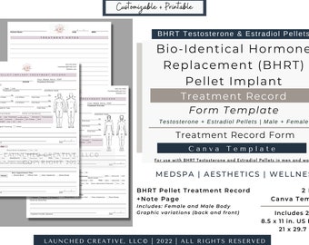 BHRT Testosterone Pellet Estradiol Pellet Treatment Record Form | Hormone Replacement Treatment Record | HRT Pellet Implant Form | Canva