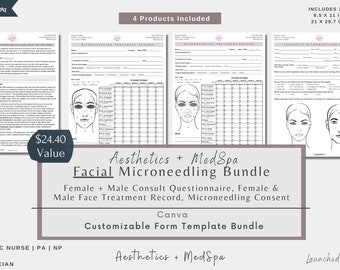 Microneedling Form Bundle | Microneedle Consult | Microneedle Treatment Record | Microneedle Consent Aftercare | Esthetician MedSpa | Canva
