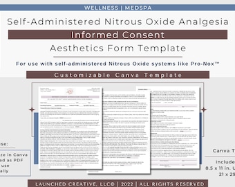 Nitrous Oxide Pro-Nox™ Informed Consent Form Template | Aesthetics Nitrous Analgesia Consent | Nurse Injector Consent | Medspa Form Canva