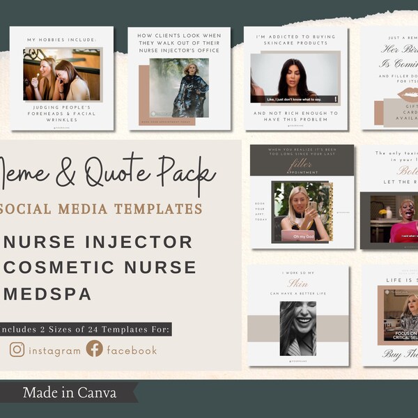 Nurse Injector Meme Quote Pack | Instagram Facebook Posts | MedSpa | Botox Filler | Editable | Canva Templates | Funny Quote | Neutral Pink