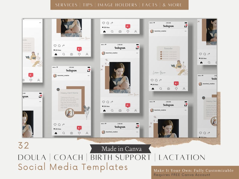 Doula Birth Coach social media marketing post templates for instagram and facebook. Customizable in Canva